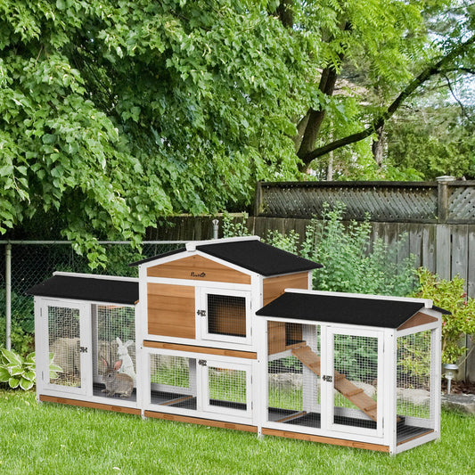 KFX-1375165 Wooden Rabbit Hutch with Double-Sided Run, Removable Trays, and Ramp for Small Pets - White Finish