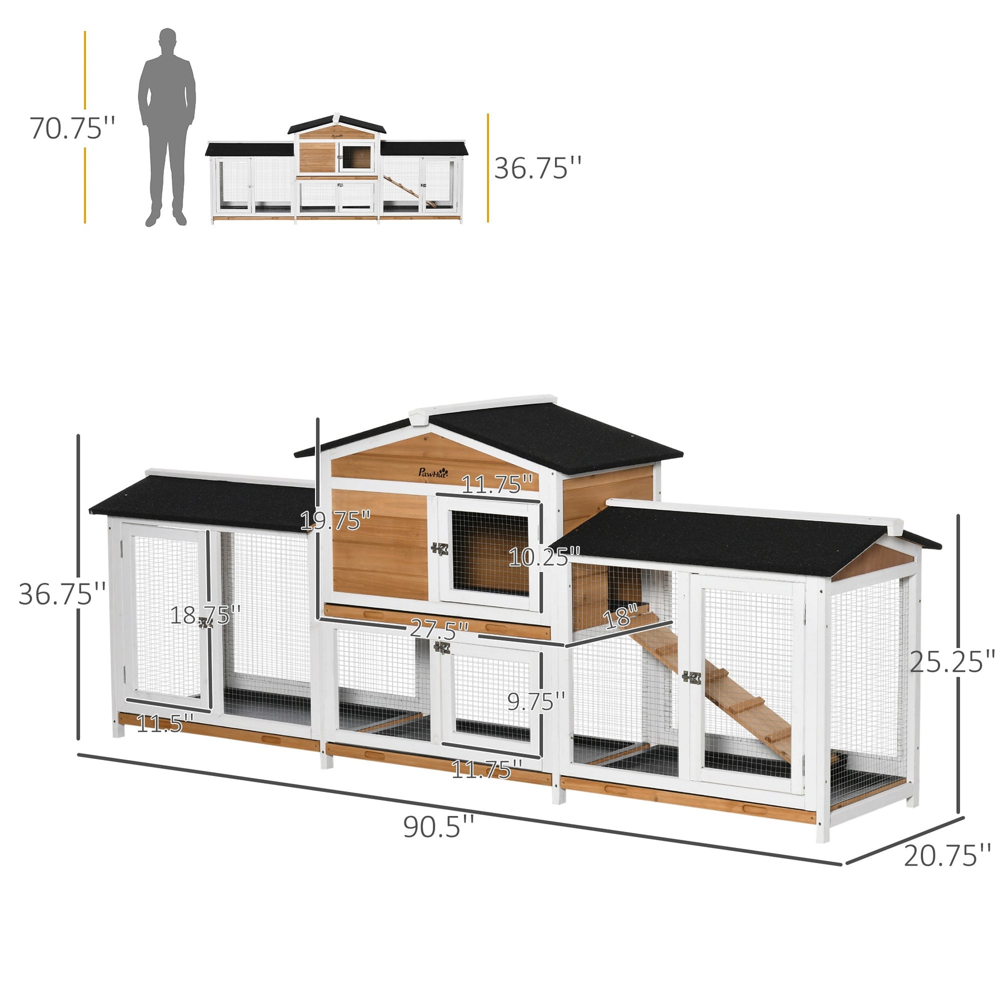 KFX-1375165 Wooden Rabbit Hutch with Double-Sided Run, Removable Trays, and Ramp for Small Pets - White Finish