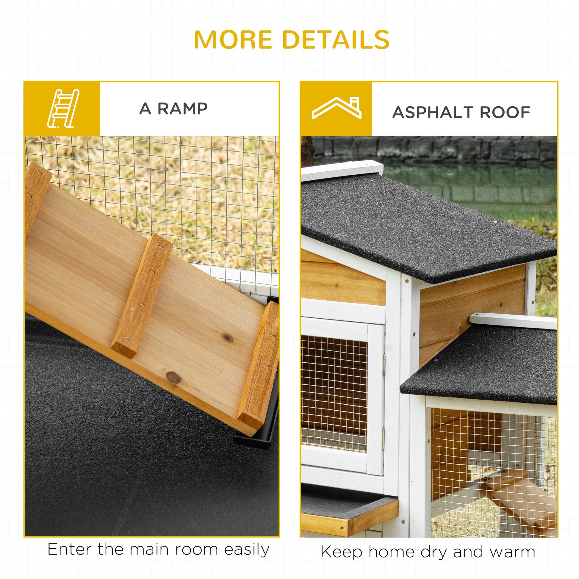 KFX-1375165 Wooden Rabbit Hutch with Double-Sided Run, Removable Trays, and Ramp for Small Pets - White Finish