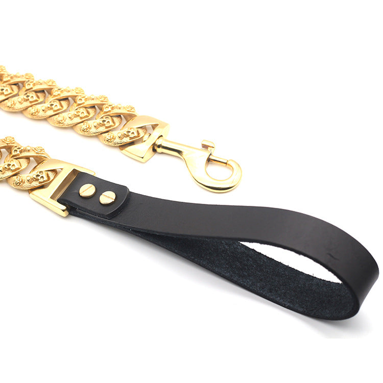 KFX-1381053 Golden Stainless Steel Leather Dog Leash 80cm for Durable Comfort and Style