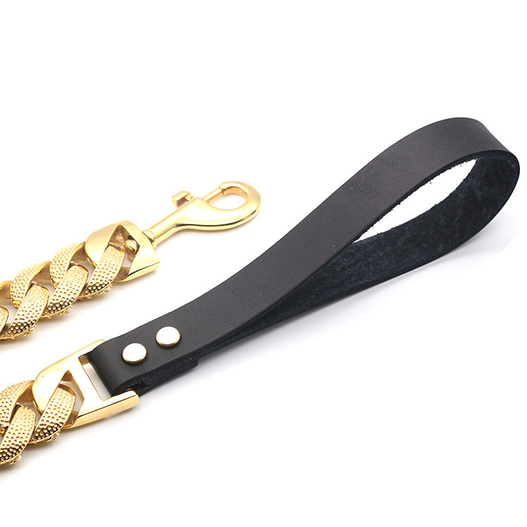 KFX-1381053 Golden Stainless Steel Leather Dog Leash 80cm for Durable Comfort and Style