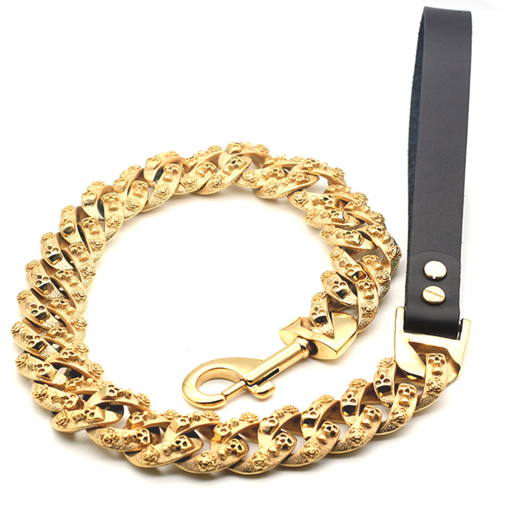 KFX-1381053 Golden Stainless Steel Leather Dog Leash 80cm for Durable Comfort and Style