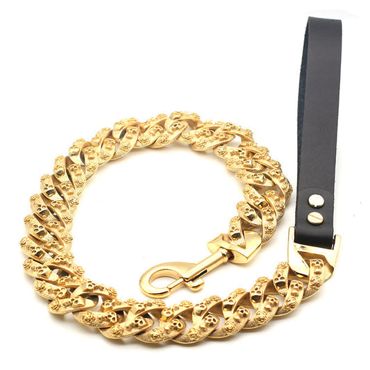 KFX-1381053 Golden Stainless Steel Leather Dog Leash 80cm for Durable Comfort and Style