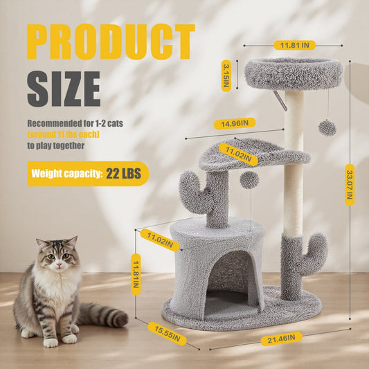 KFX-1396029 Cactus-Shaped Small Cat Tree Tower with Curved Bed and Scratching Post