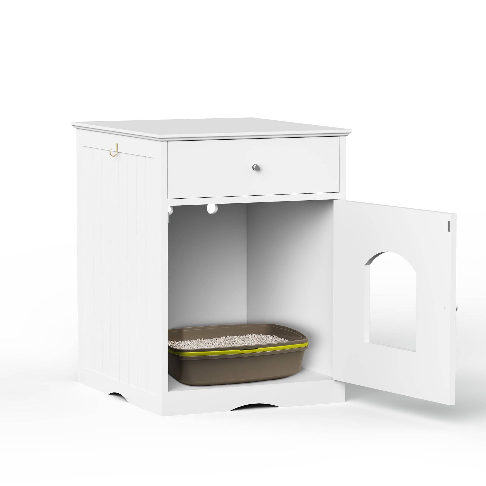 KFX-1396413 Wooden Cat Litter Box Enclosure with Drawer – Indoor Pet House and Nightstand in White