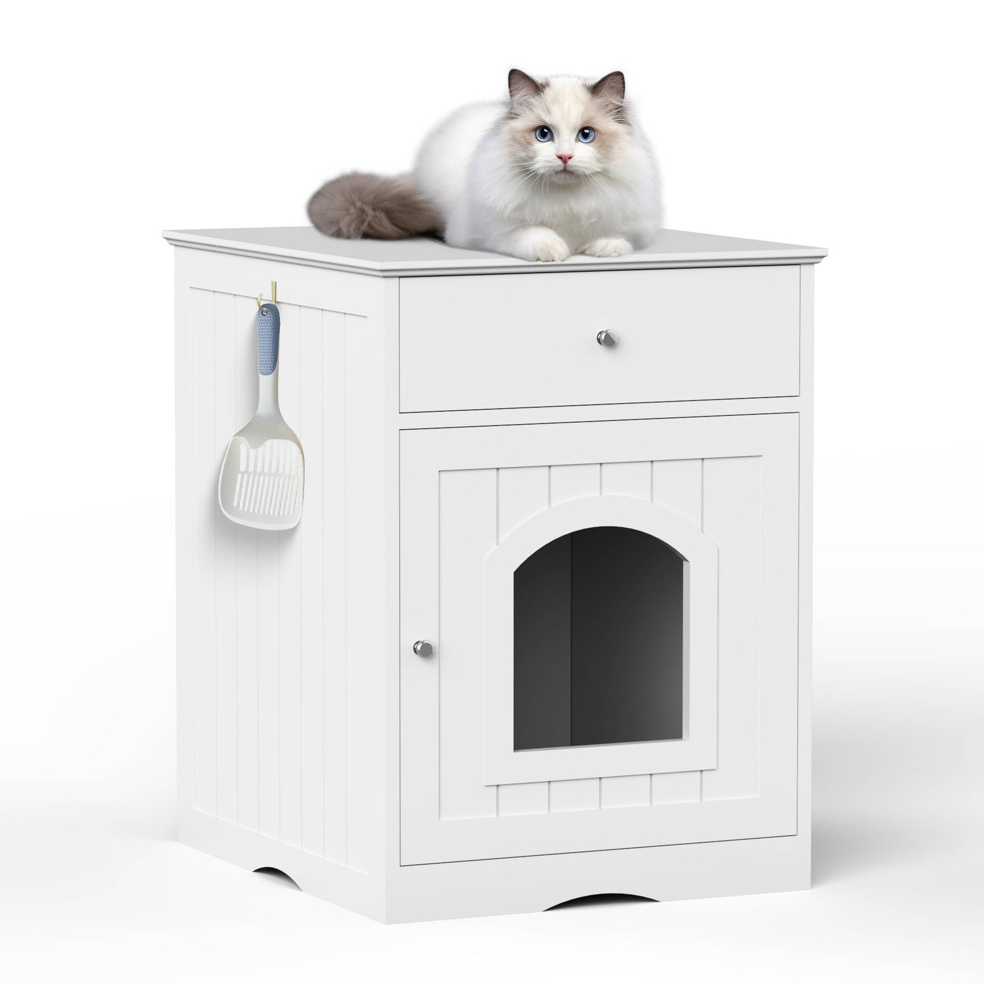 KFX-1396413 Wooden Cat Litter Box Enclosure with Drawer – Indoor Pet House and Nightstand in White