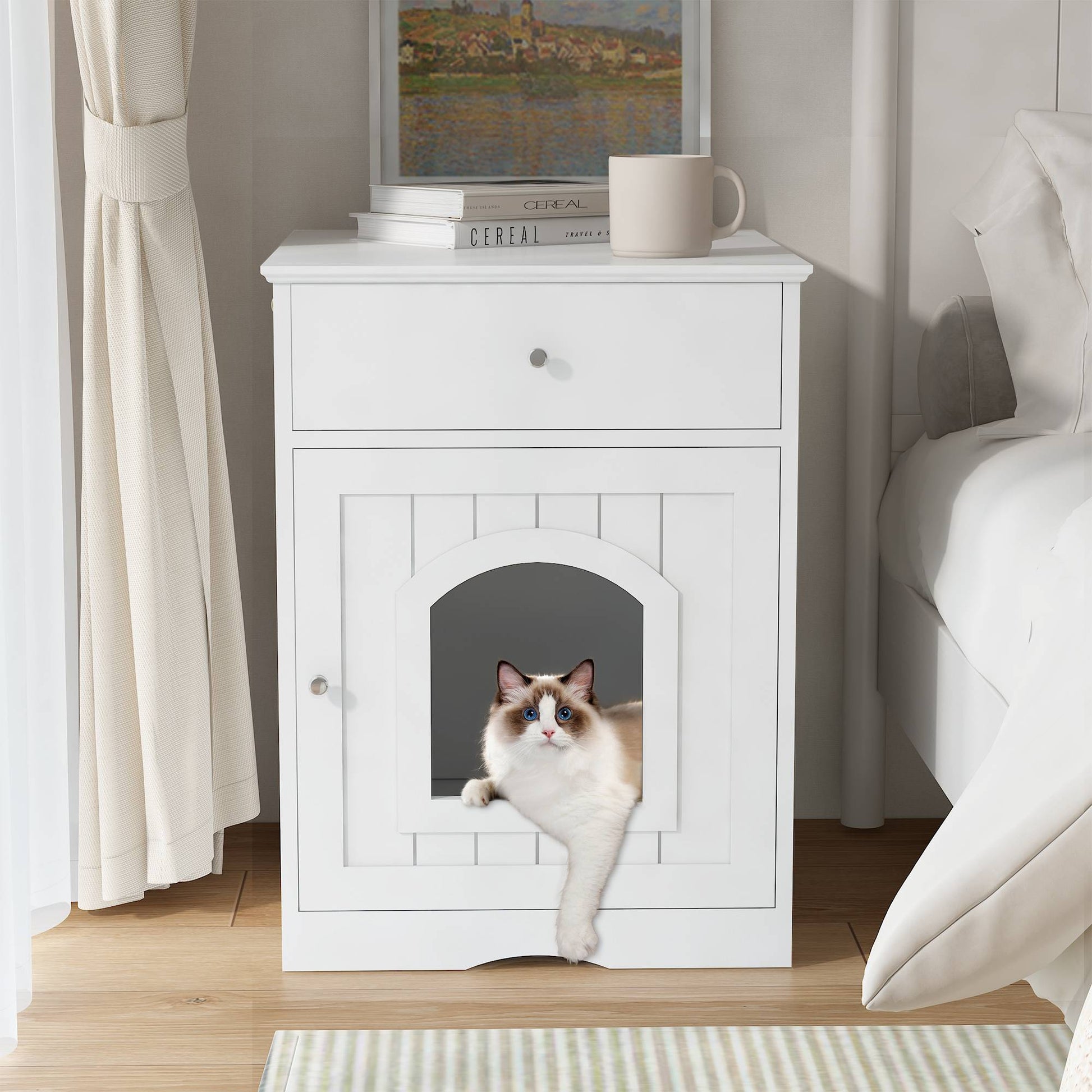 KFX-1396413 Wooden Cat Litter Box Enclosure with Drawer – Indoor Pet House and Nightstand in White