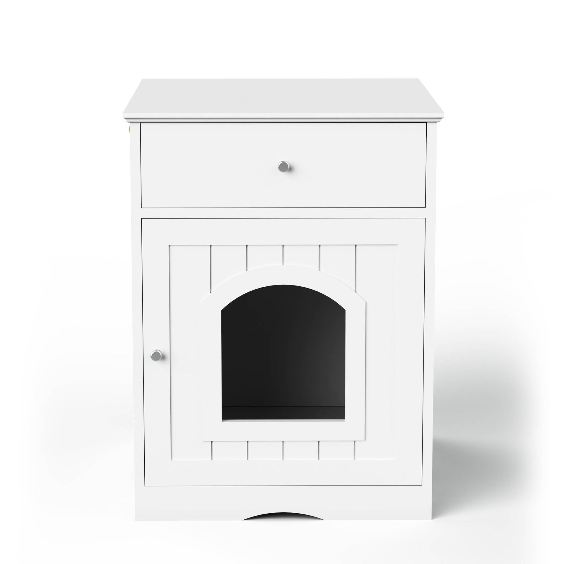 KFX-1396413 Wooden Cat Litter Box Enclosure with Drawer – Indoor Pet House and Nightstand in White