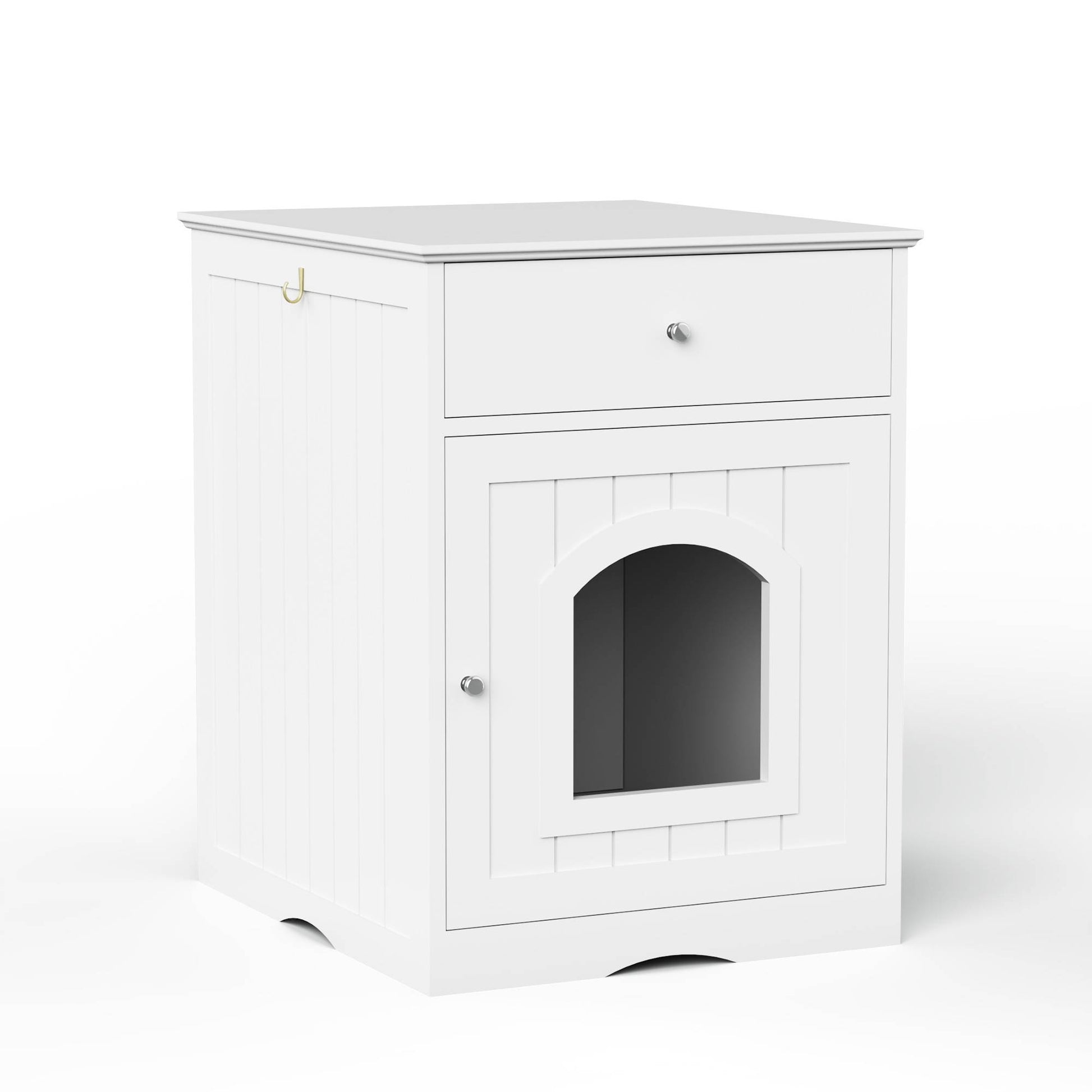 KFX-1396413 Wooden Cat Litter Box Enclosure with Drawer – Indoor Pet House and Nightstand in White