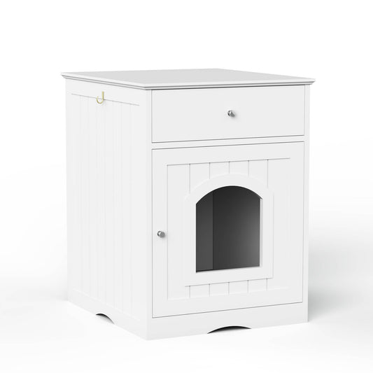 KFX-1396413 Wooden Cat Litter Box Enclosure with Drawer – Indoor Pet House and Nightstand in White