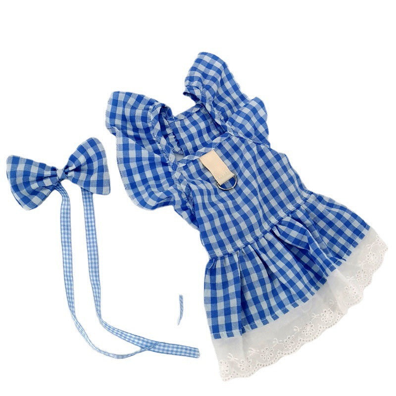 KFX-1397309 Plaid Lace Dog Skirt with Fly Shoulder Sleeve in Yellow, Pink, and Blue - Sizes XS to XL