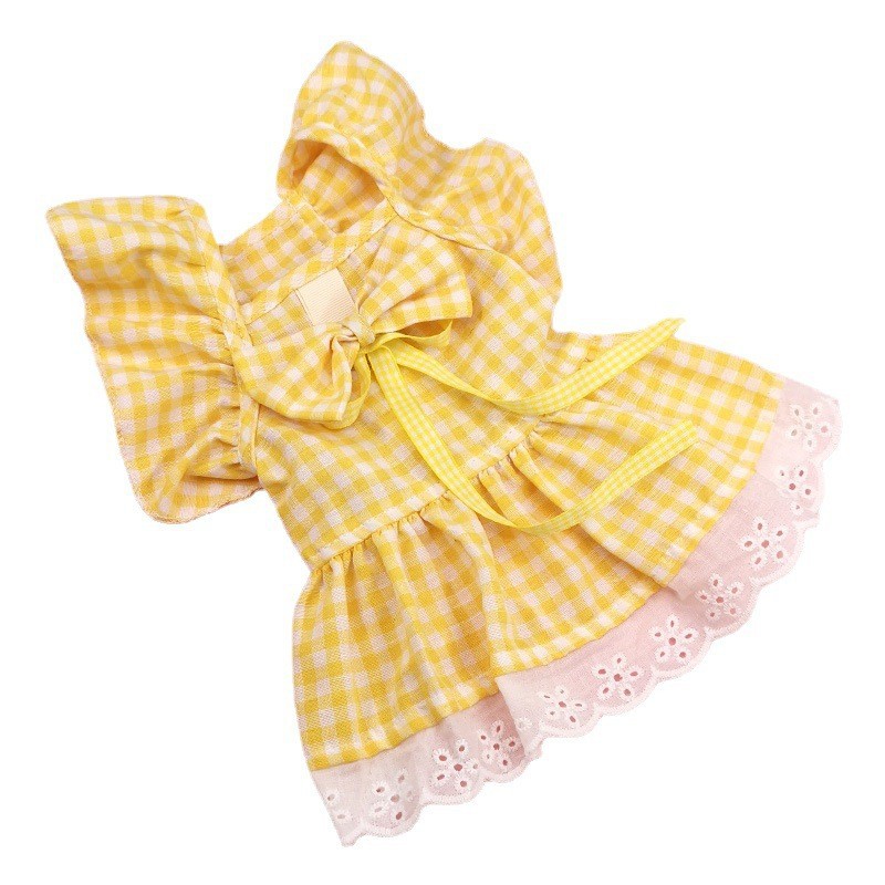 KFX-1397309 Plaid Lace Dog Skirt with Fly Shoulder Sleeve in Yellow, Pink, and Blue - Sizes XS to XL