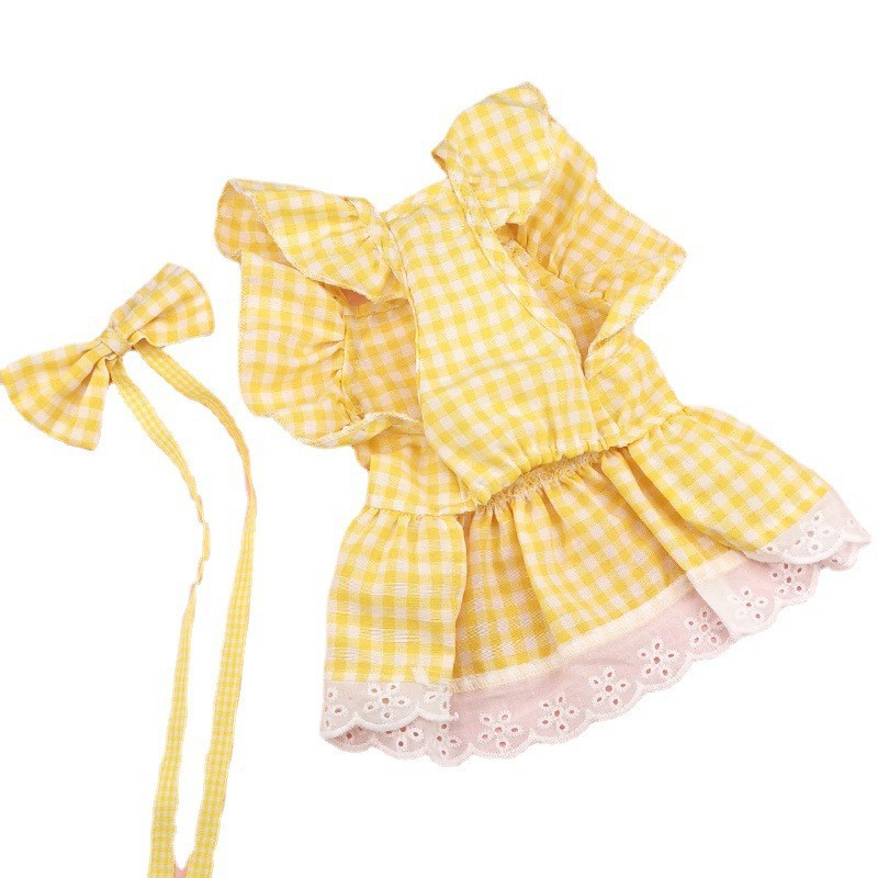 KFX-1397309 Plaid Lace Dog Skirt with Fly Shoulder Sleeve in Yellow, Pink, and Blue - Sizes XS to XL