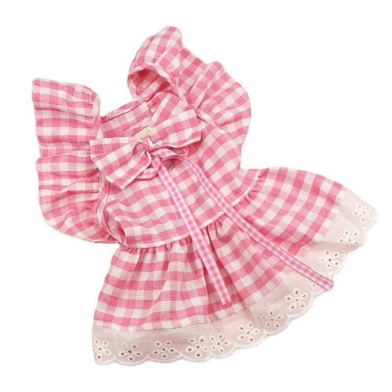 KFX-1397309 Plaid Lace Dog Skirt with Fly Shoulder Sleeve in Yellow, Pink, and Blue - Sizes XS to XL