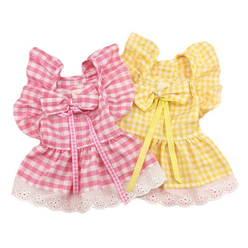 KFX-1397309 Plaid Lace Dog Skirt with Fly Shoulder Sleeve in Yellow, Pink, and Blue - Sizes XS to XL