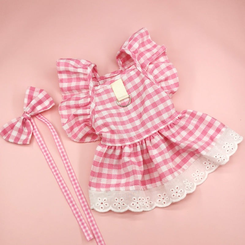KFX-1397309 Plaid Lace Dog Skirt with Fly Shoulder Sleeve in Yellow, Pink, and Blue - Sizes XS to XL