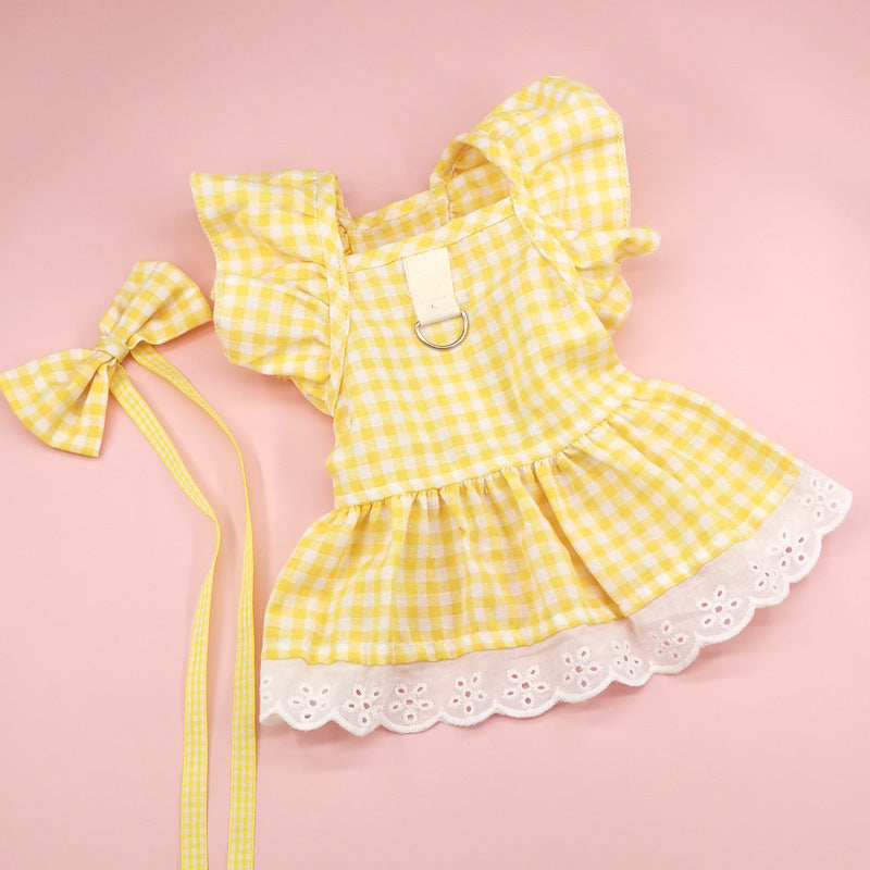 KFX-1397309 Plaid Lace Dog Skirt with Fly Shoulder Sleeve in Yellow, Pink, and Blue - Sizes XS to XL