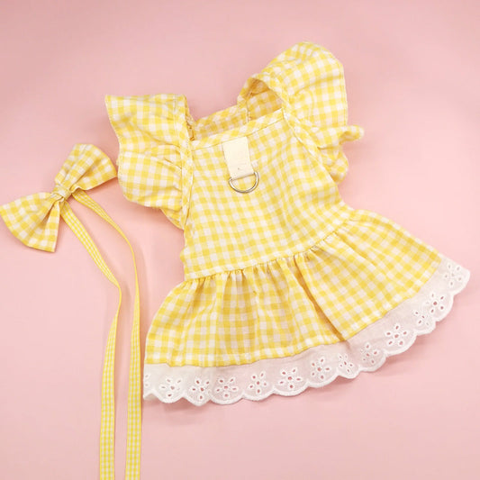 KFX-1397309 Plaid Lace Dog Skirt with Fly Shoulder Sleeve in Yellow, Pink, and Blue - Sizes XS to XL