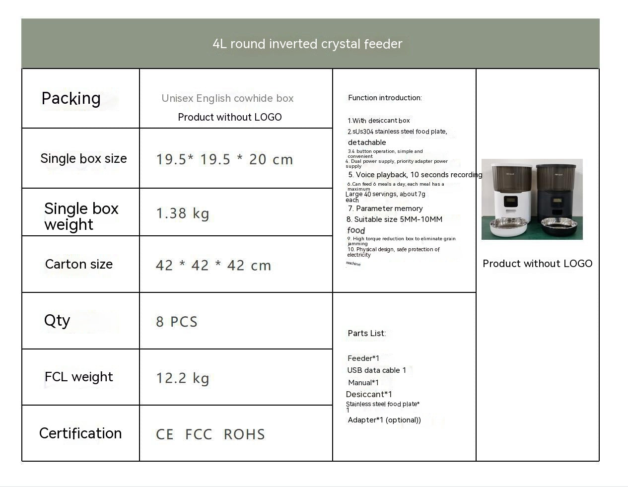 KFX-1402301 Automatic Pet Feeder for Dogs and Cats - 4L Capacity with USB and Adapter Options