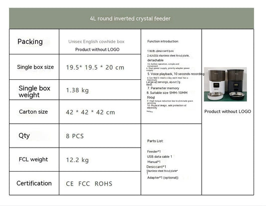 KFX-1402301 Automatic Pet Feeder for Dogs and Cats - 4L Capacity with USB and Adapter Options