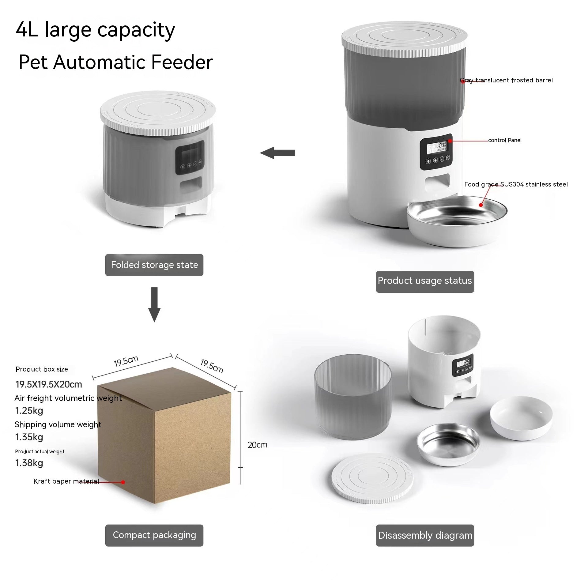 KFX-1402301 Automatic Pet Feeder for Dogs and Cats - 4L Capacity with USB and Adapter Options