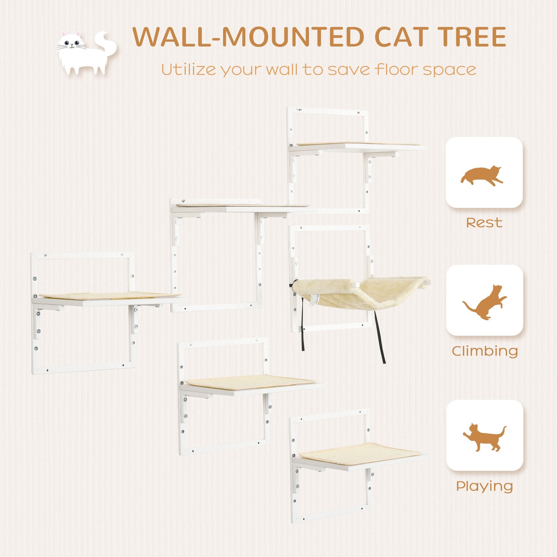 KFX-1407549 Wall-Mounted Cat Shelves with Cozy Hammock and Climbing Platforms for Indoor Cats, Supports Up to 11 lbs.