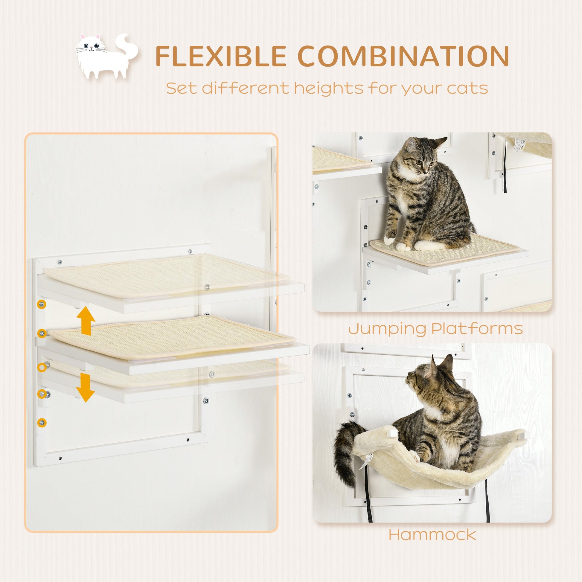 KFX-1407549 Wall-Mounted Cat Shelves with Cozy Hammock and Climbing Platforms for Indoor Cats, Supports Up to 11 lbs.