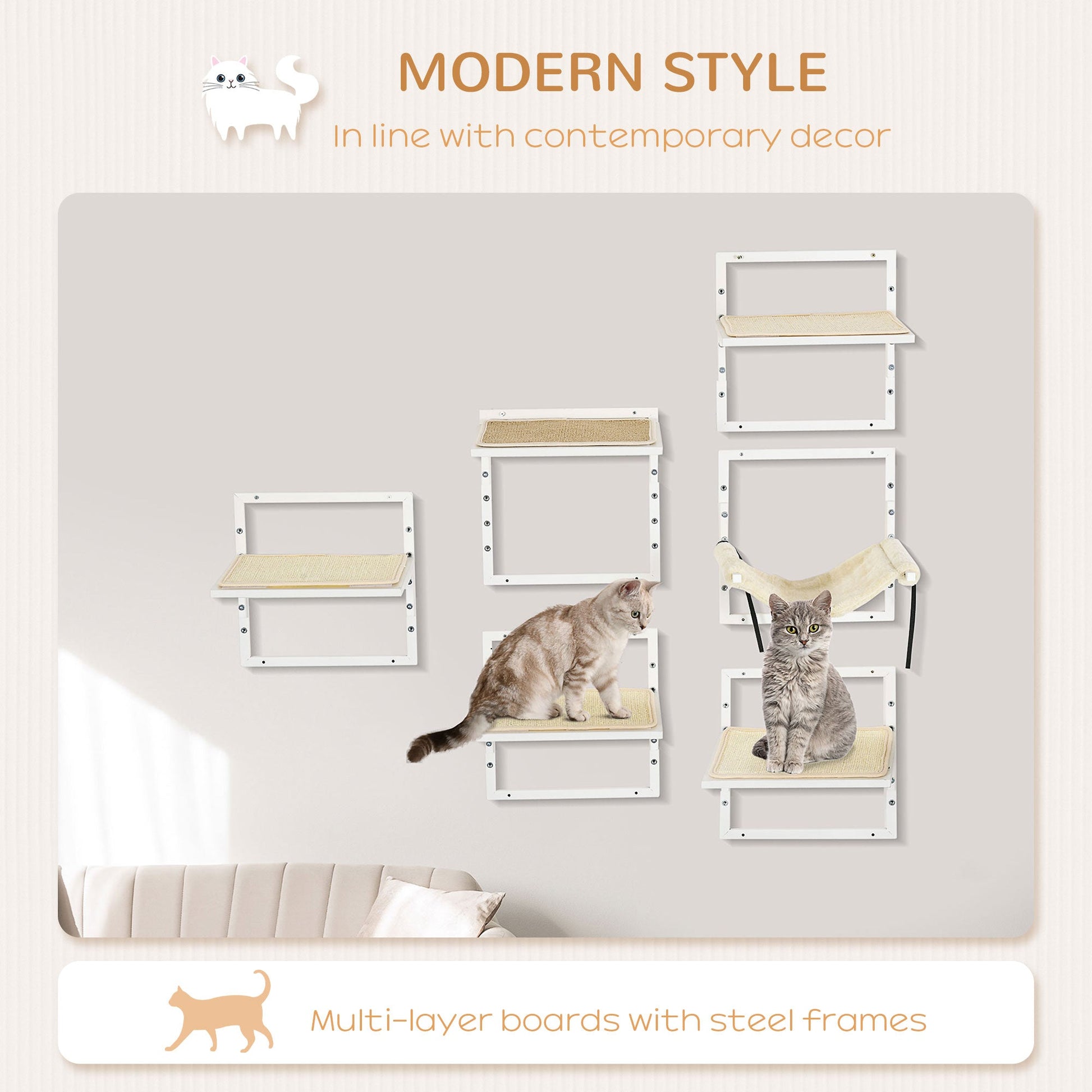 KFX-1407549 Wall-Mounted Cat Shelves with Cozy Hammock and Climbing Platforms for Indoor Cats, Supports Up to 11 lbs.