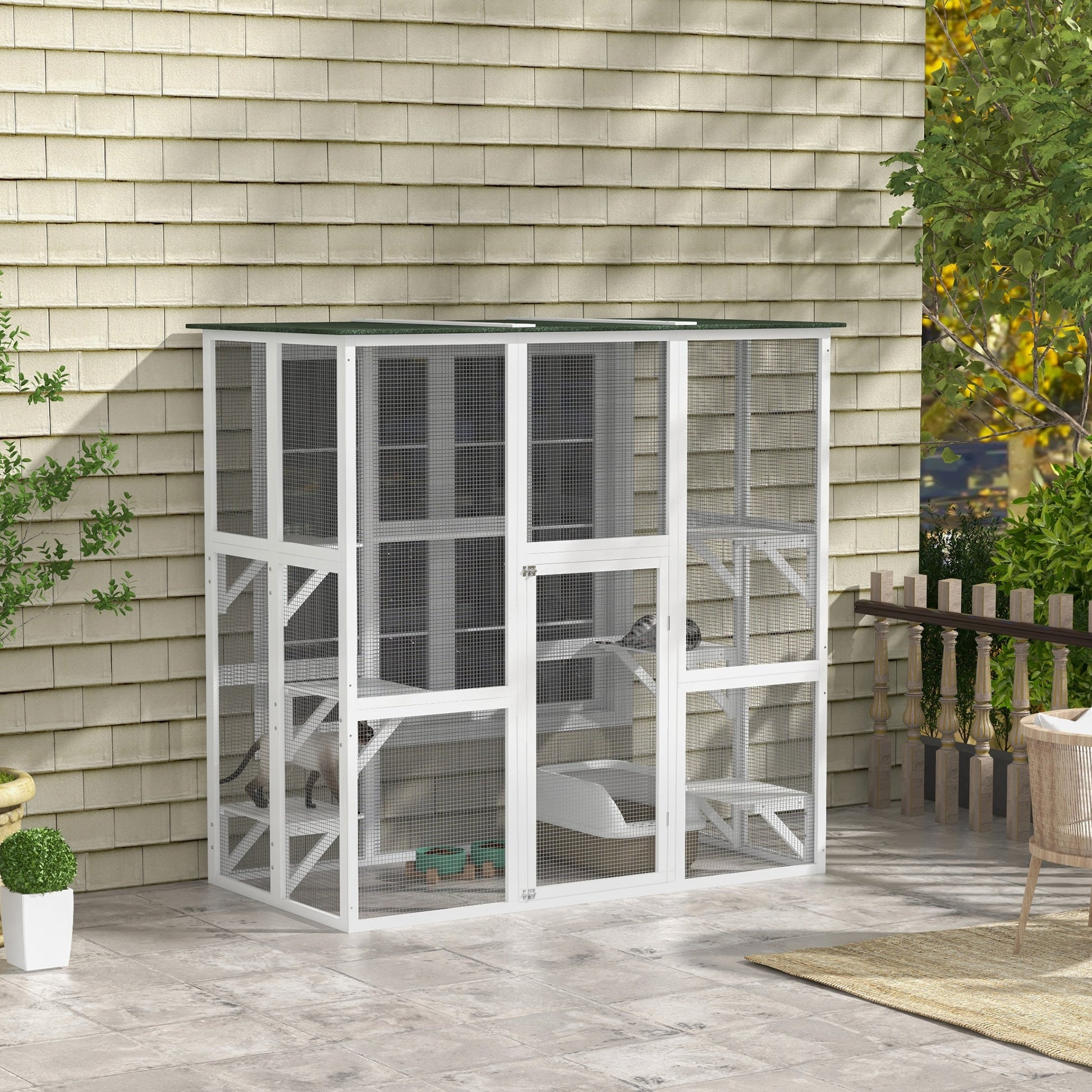 KFX-1408317 Spacious Wooden Outdoor Cat House with Six Platforms and Weather Protection, 71" L, White