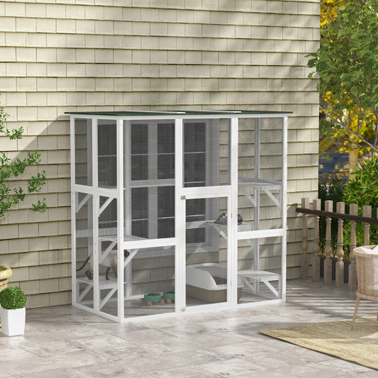 KFX-1408317 Spacious Wooden Outdoor Cat House with Six Platforms and Weather Protection, 71" L, White