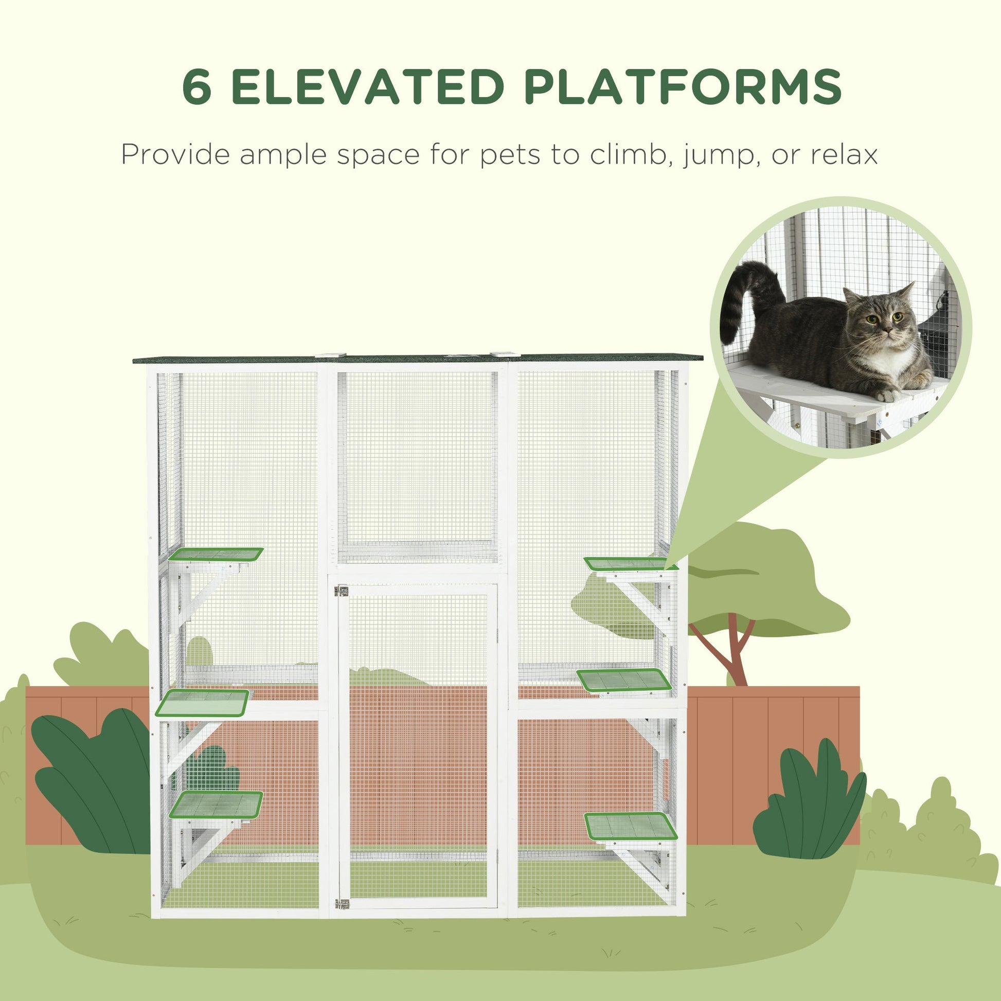 KFX-1408317 Spacious Wooden Outdoor Cat House with Six Platforms and Weather Protection, 71" L, White