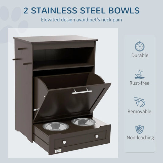 KFX-1409725 Gray Pet Feeder Station with Storage Cabinet and Dual Bowls, Ideal for Food and Water