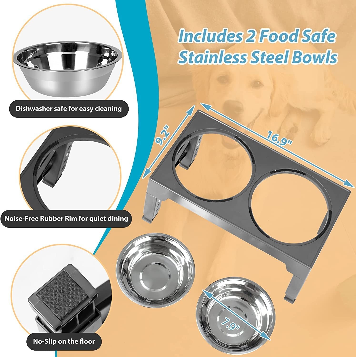 KFX-1410237 Adjustable Slow Feeding Bowl Rack with Stainless Steel Dog Bowls for Neck Protection