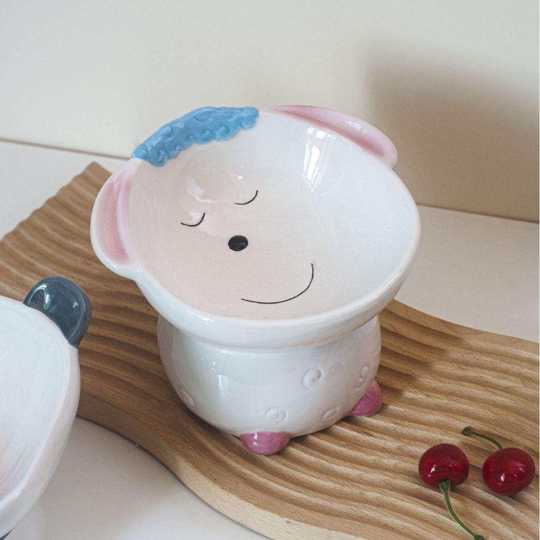KFX-1415997 Cute Cartoon Ceramic Pet Bowl - Lion, Sheep, Panda, Blue Donut, Yellow Donut Design