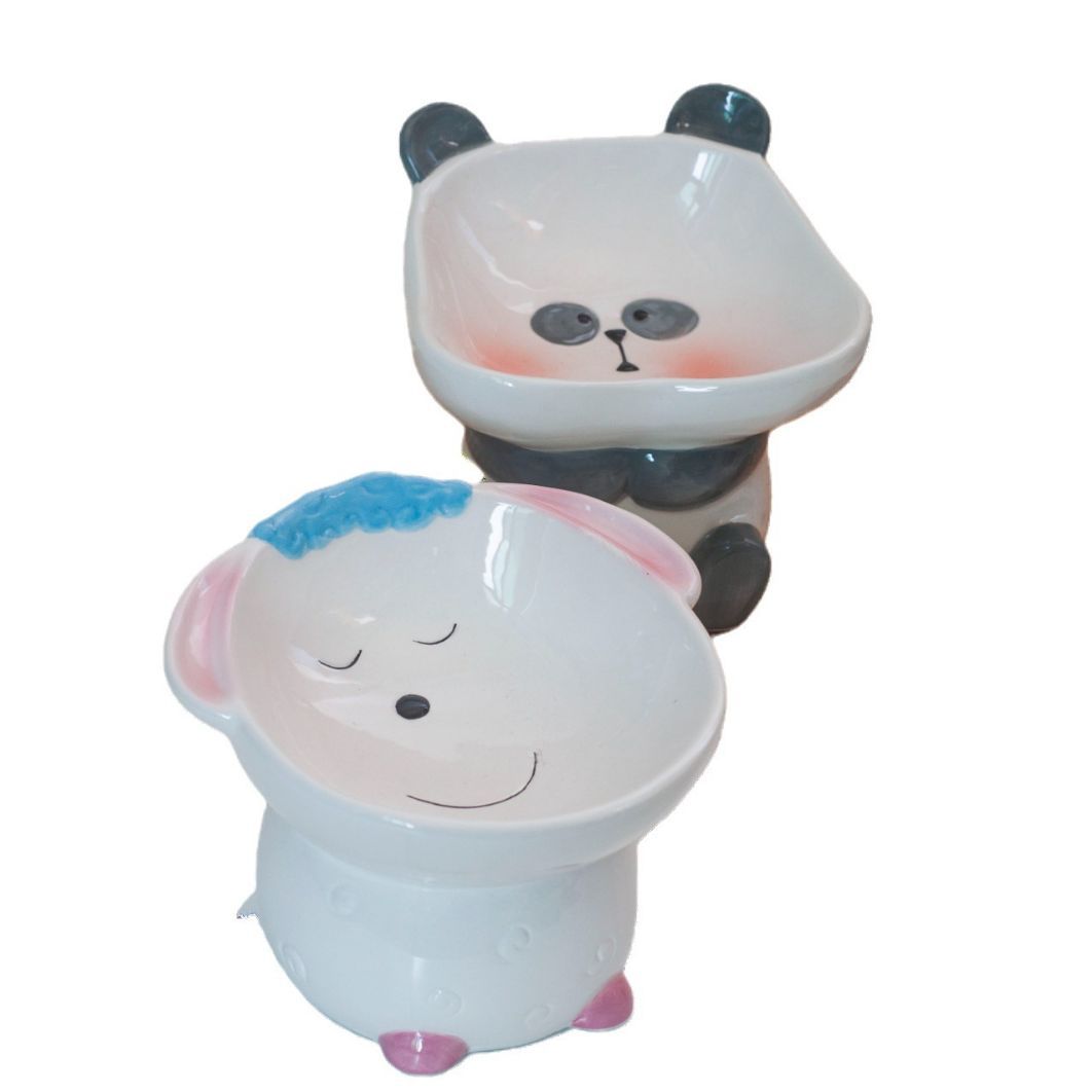 KFX-1415997 Cute Cartoon Ceramic Pet Bowl - Lion, Sheep, Panda, Blue Donut, Yellow Donut Design