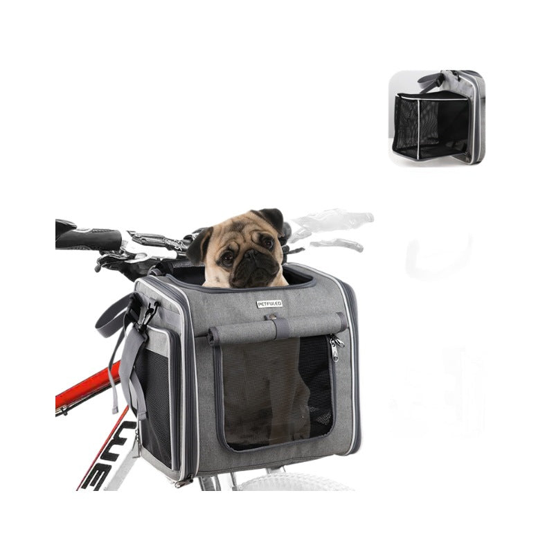 KFX-1416253 Pet Bicycle Basket Front Bag for Dogs - Gray and Blue Polyester Design