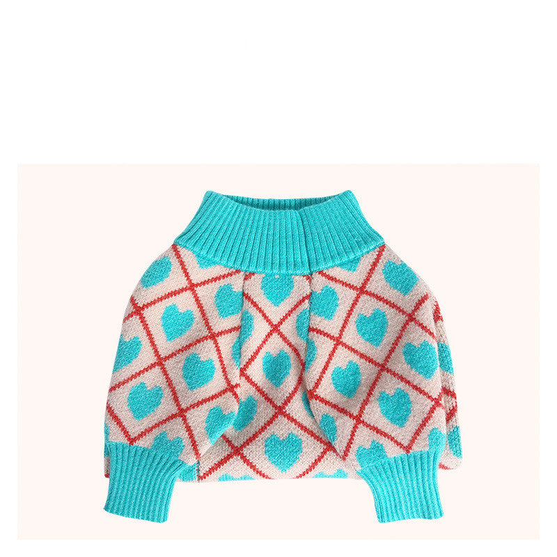 KFX-1423549 Warm Blue Peach Heart Sweater for Pugs, Teddies, Bichons, Schnauzers, Shiba Inus - Casual Dog Jacket in Various Sizes