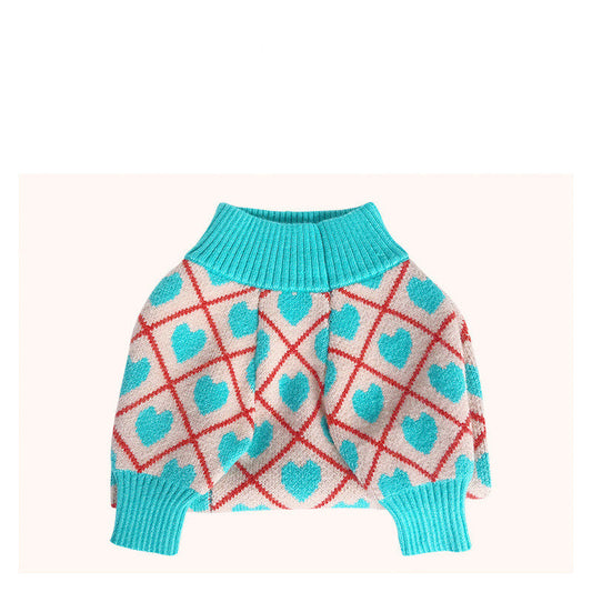 KFX-1423549 Warm Blue Peach Heart Sweater for Pugs, Teddies, Bichons, Schnauzers, Shiba Inus - Casual Dog Jacket in Various Sizes