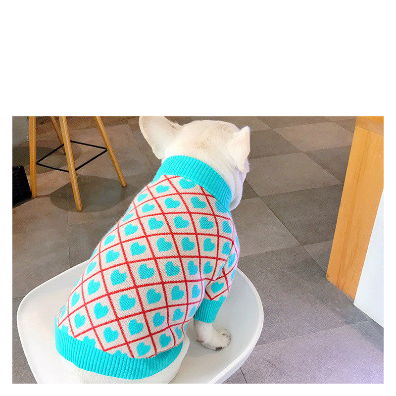 KFX-1423549 Warm Blue Peach Heart Sweater for Pugs, Teddies, Bichons, Schnauzers, Shiba Inus - Casual Dog Jacket in Various Sizes