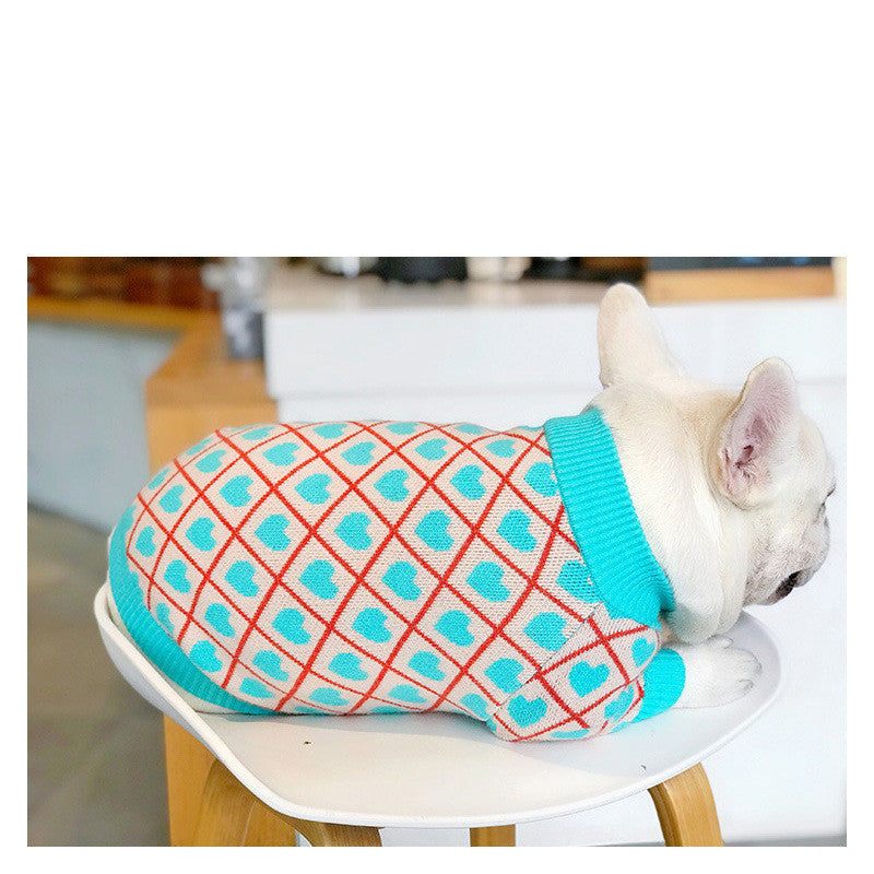KFX-1423549 Warm Blue Peach Heart Sweater for Pugs, Teddies, Bichons, Schnauzers, Shiba Inus - Casual Dog Jacket in Various Sizes