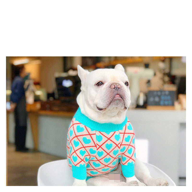 KFX-1423549 Warm Blue Peach Heart Sweater for Pugs, Teddies, Bichons, Schnauzers, Shiba Inus - Casual Dog Jacket in Various Sizes
