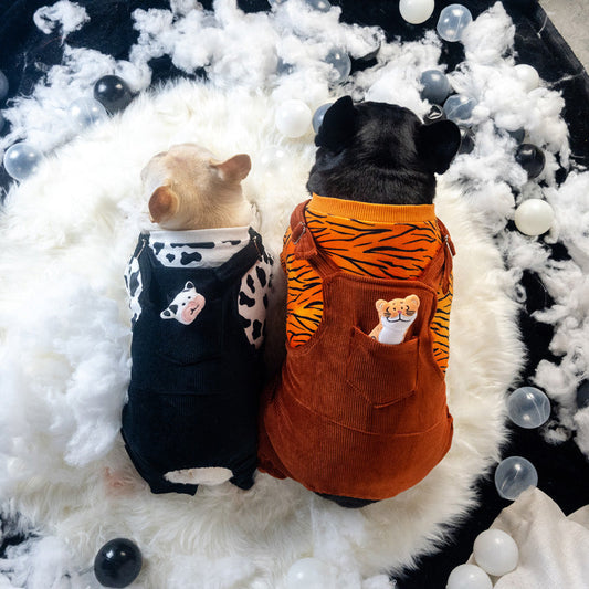 KFX-1423933 Warm Autumn and Winter Two-Piece Dog Overalls in Cow and Tiger Patterns