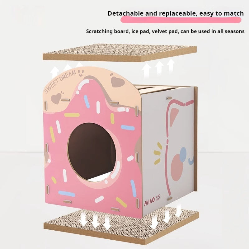 KFX-1429309 Strawberry Sweet Cube Cat Scratch Board in Cute Style, Crafted from Density Plate and Corrugated Paper, 39.5x41.5x48.5cm