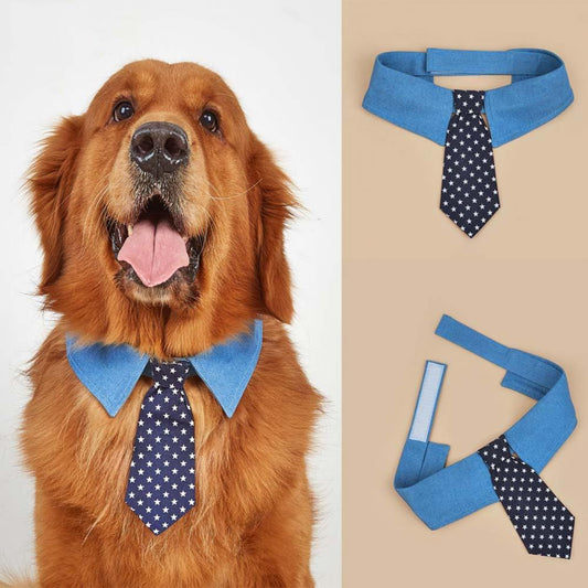 KFX-1432765 Adjustable Denim Pet Collar with Star Pattern - Comfortable Necktie for Special Occasions
