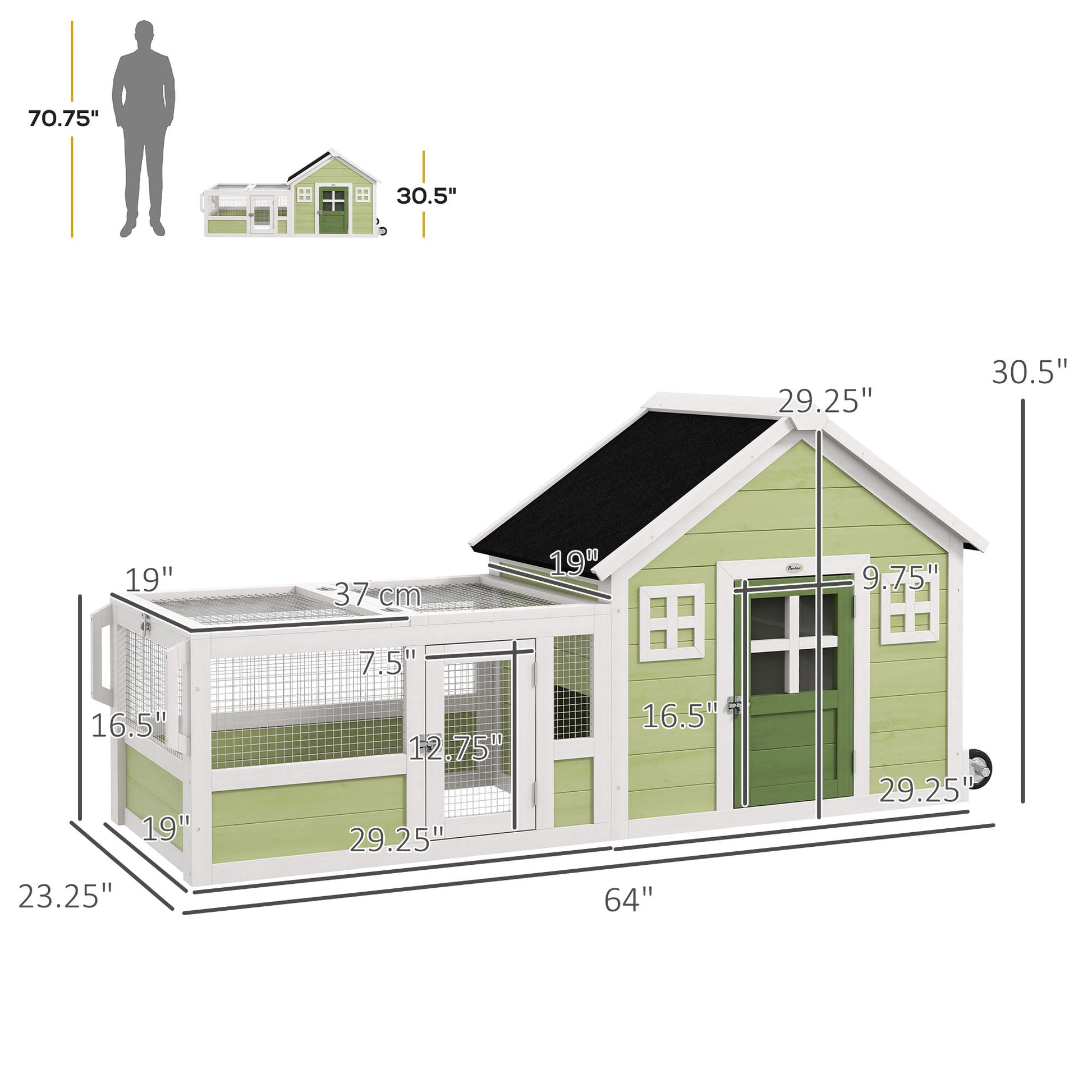 KFX-1434941 64-Inch Spacious Rabbit Hutch with Asphalt Roof, Handles, and Wheels
