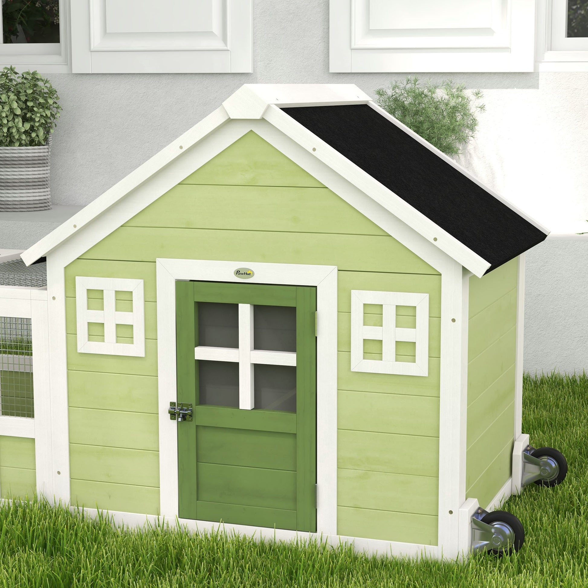 KFX-1434941 64-Inch Spacious Rabbit Hutch with Asphalt Roof, Handles, and Wheels