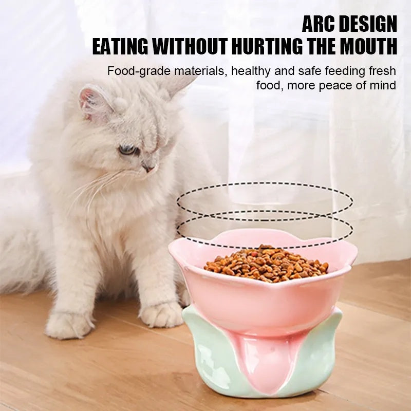 KFX-1438525 Elevated Ceramic Pet Bowl with Floral Design for Comfortable Feeding for Cats and Small Dogs