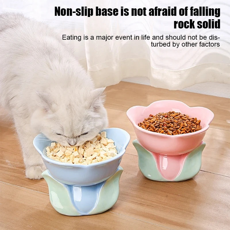 KFX-1438525 Elevated Ceramic Pet Bowl with Floral Design for Comfortable Feeding for Cats and Small Dogs
