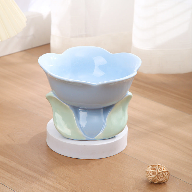 KFX-1438525 Elevated Ceramic Pet Bowl with Floral Design for Comfortable Feeding for Cats and Small Dogs