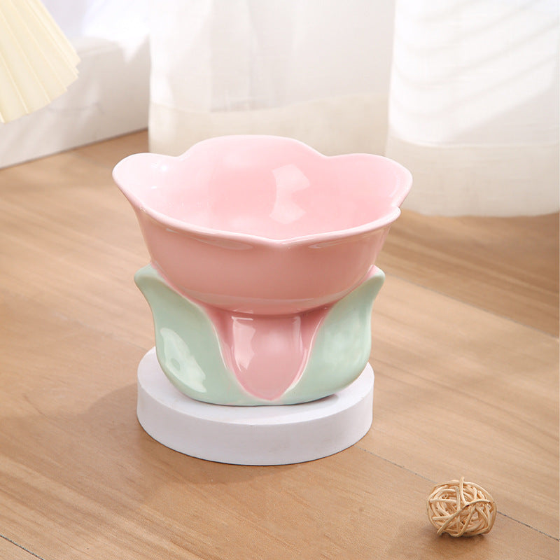 KFX-1438525 Elevated Ceramic Pet Bowl with Floral Design for Comfortable Feeding for Cats and Small Dogs